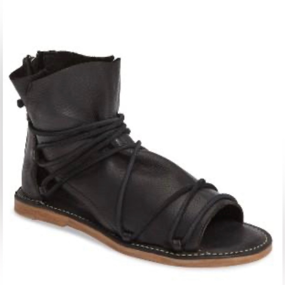 Free People Black Leather Wrap Gladiator Sandals with Tan Sole
